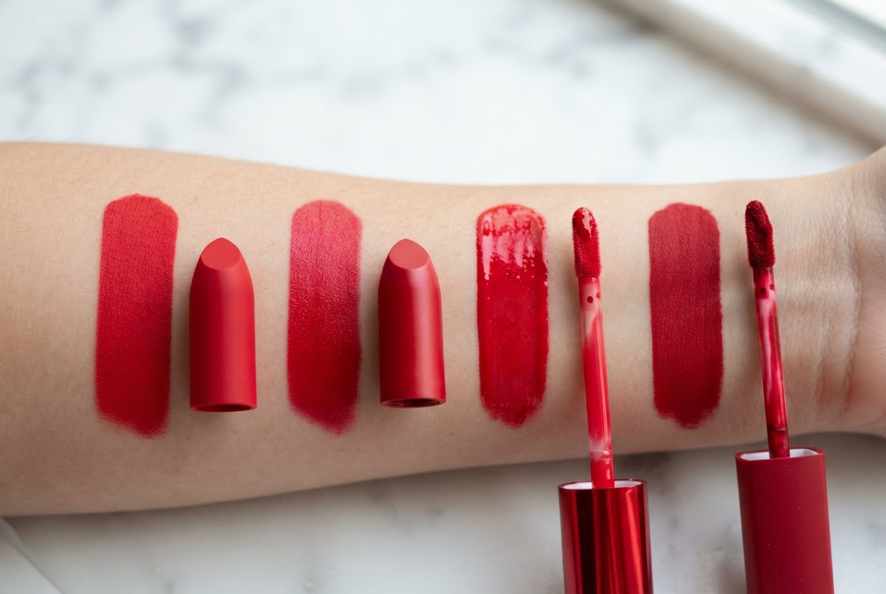 Four lipstick swatches showing matte, satin, glossy, and liquid matte finishes on a surface.