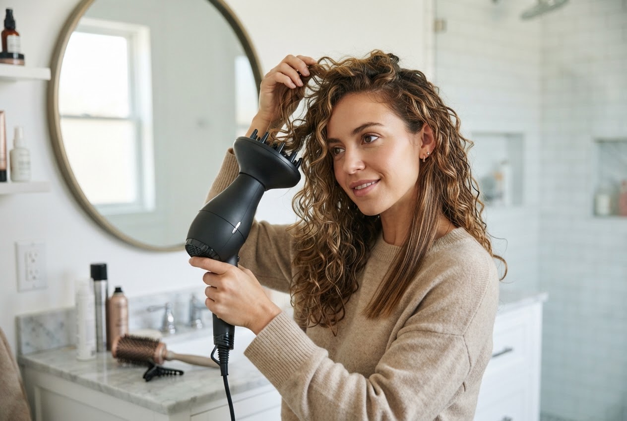 Frau föhnt ihre Locken mit einem Diffusor, einzelne Strähnen sind an den Spitzen glatt