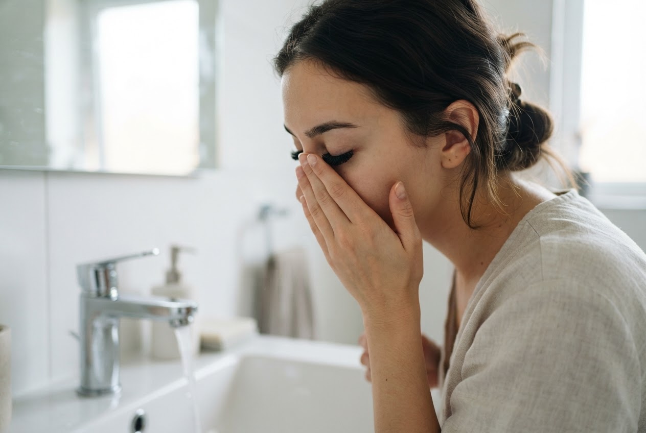 Frau im Bad, die mit der Hand die Augenpartie schützt, während Wasserhahn im Hintergrund läuft.
