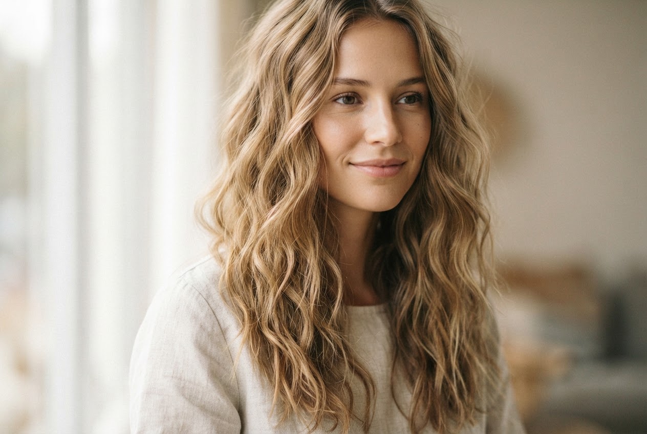 Frau mit langen, weichen Beach-Wave-Locken, die natürlich und lässig fallen