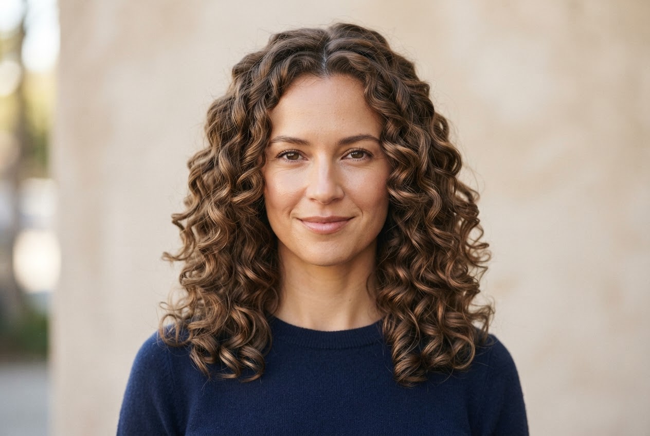 Frau mit gleichmäßigen, definierten Locken, die von der Kopfhaut bis zu den Spitzen reichen