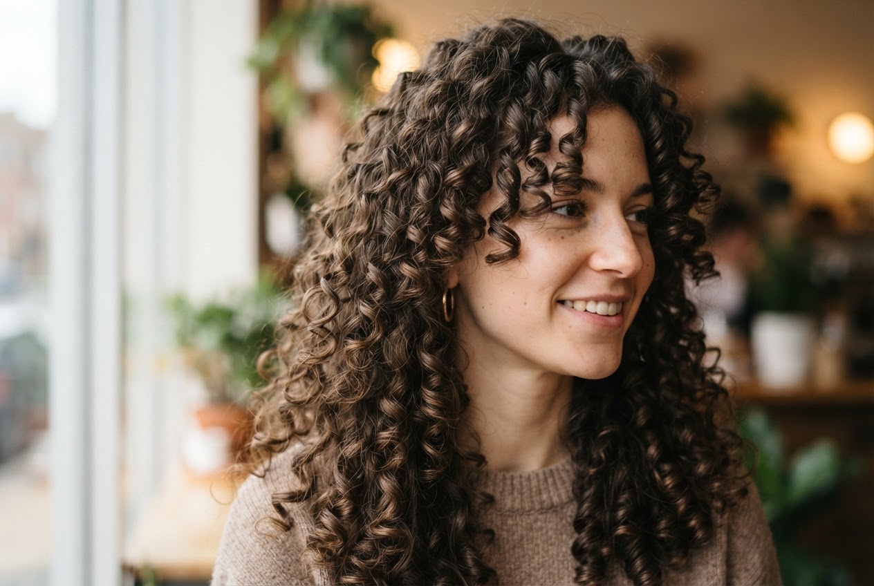 Frau mit engen, federnden Spiral-Locken, die dicht und voluminös sind