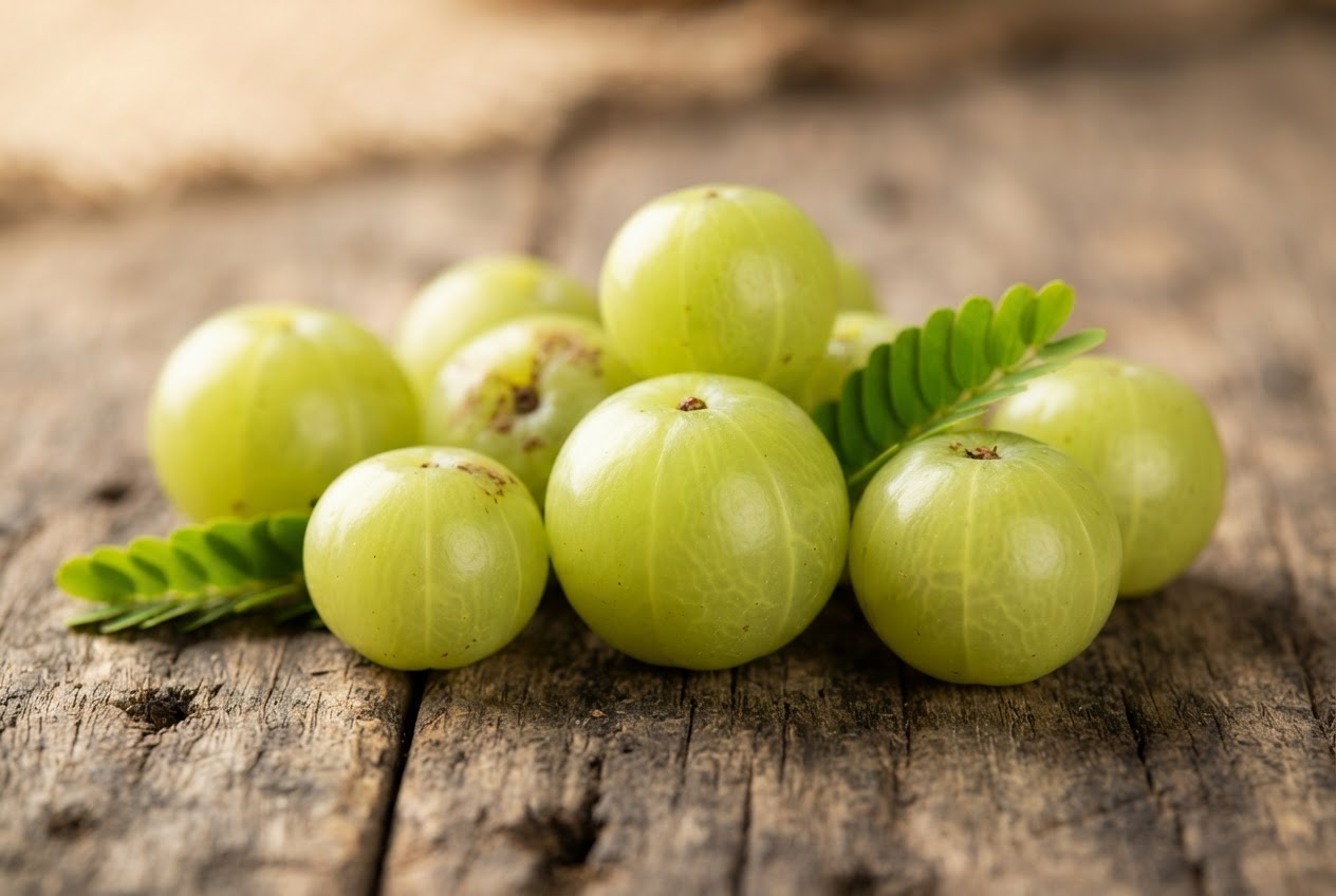 Close-up of fresh green amla fruits (Indian gooseberries) with a few leaves.