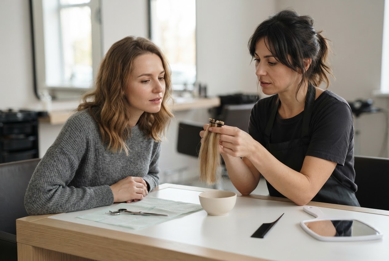 Friseur und Kundin prüfen eine lose Extensionsprobe und besprechen sie vor einer möglichen Farbveränderung.