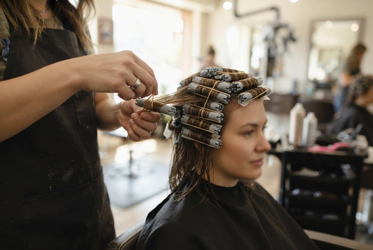 Friseur wickelt eine Haarsträhne auf einen Wickler, während weitere Wickler im Haar sind