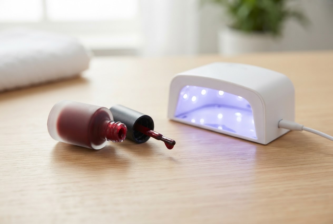 A bottle of gel nail polish with a brush, next to a small UV lamp, on a clean table.
