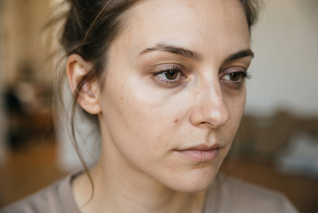 Nahaufnahme eines Gesichts mit leicht aufgehelltem Bereich unter dem Auge und einem unauffällig an den Hautton angepassten Concealer-Punkt neben einer kleinen Unreinheit.