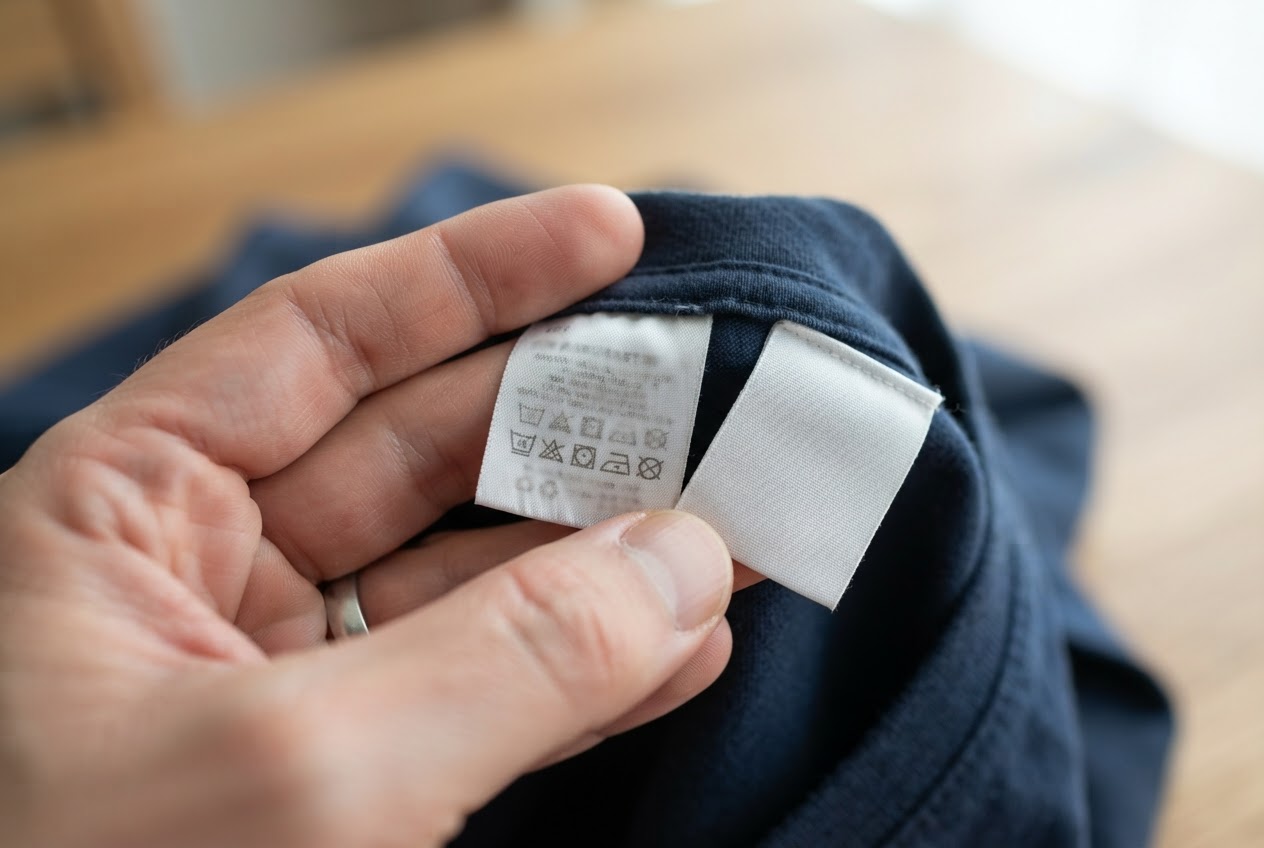 Ein Kleidungsstück mit Pflegeetikett liegt neben einem separaten Textiletikett, während eine Person beide prüft.
