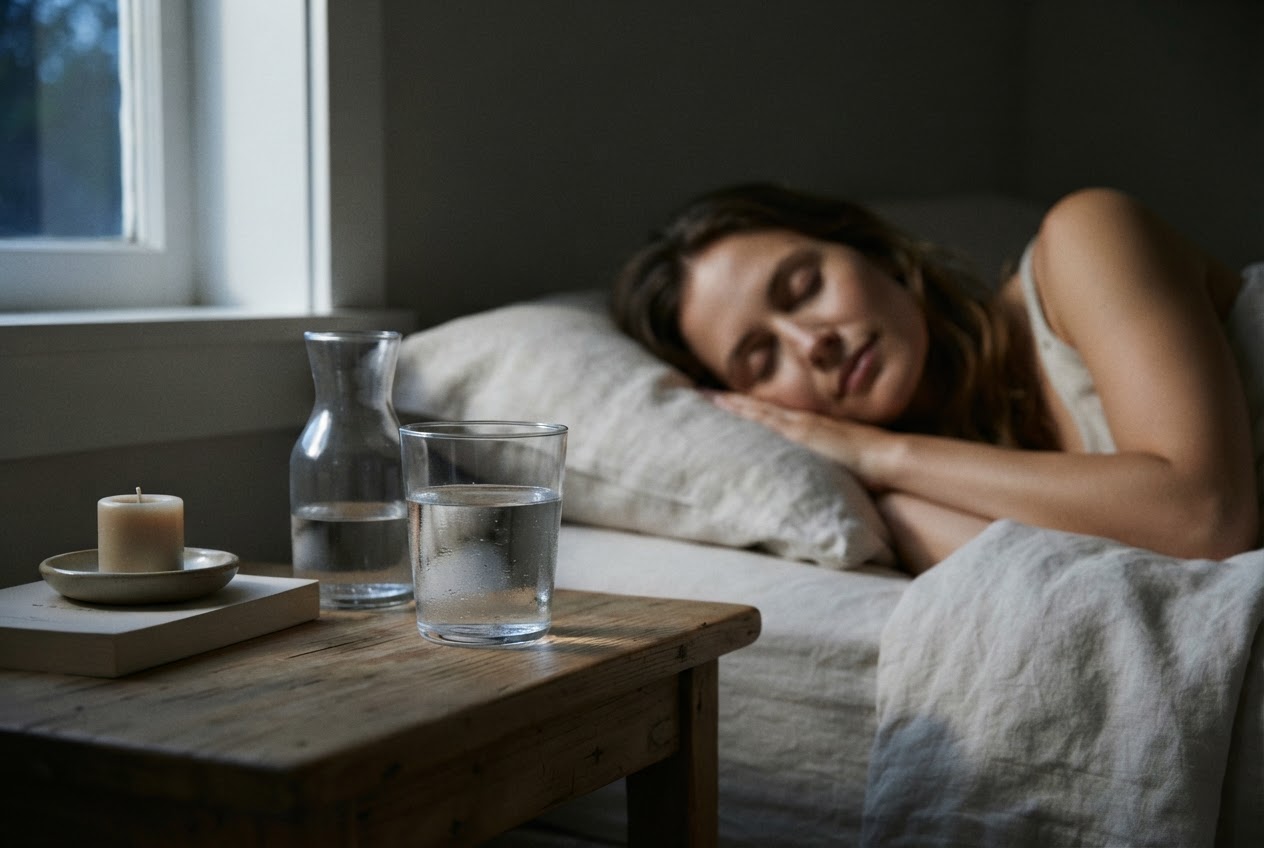 A glass of water and a water bottle on a nightstand next to a peacefully sleeping woman in a dark, calm bedroom.