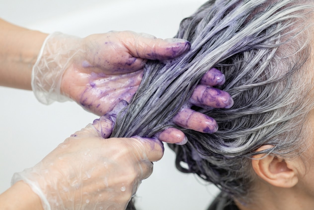 Hands wearing latex gloves applying violet shampoo to a lock of hair.