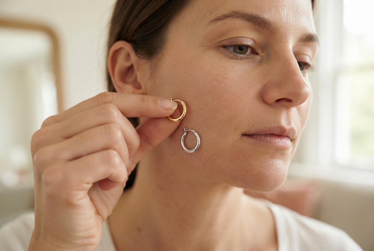A hand holding gold and silver earrings beside a person's cheek to compare which metal suits better.