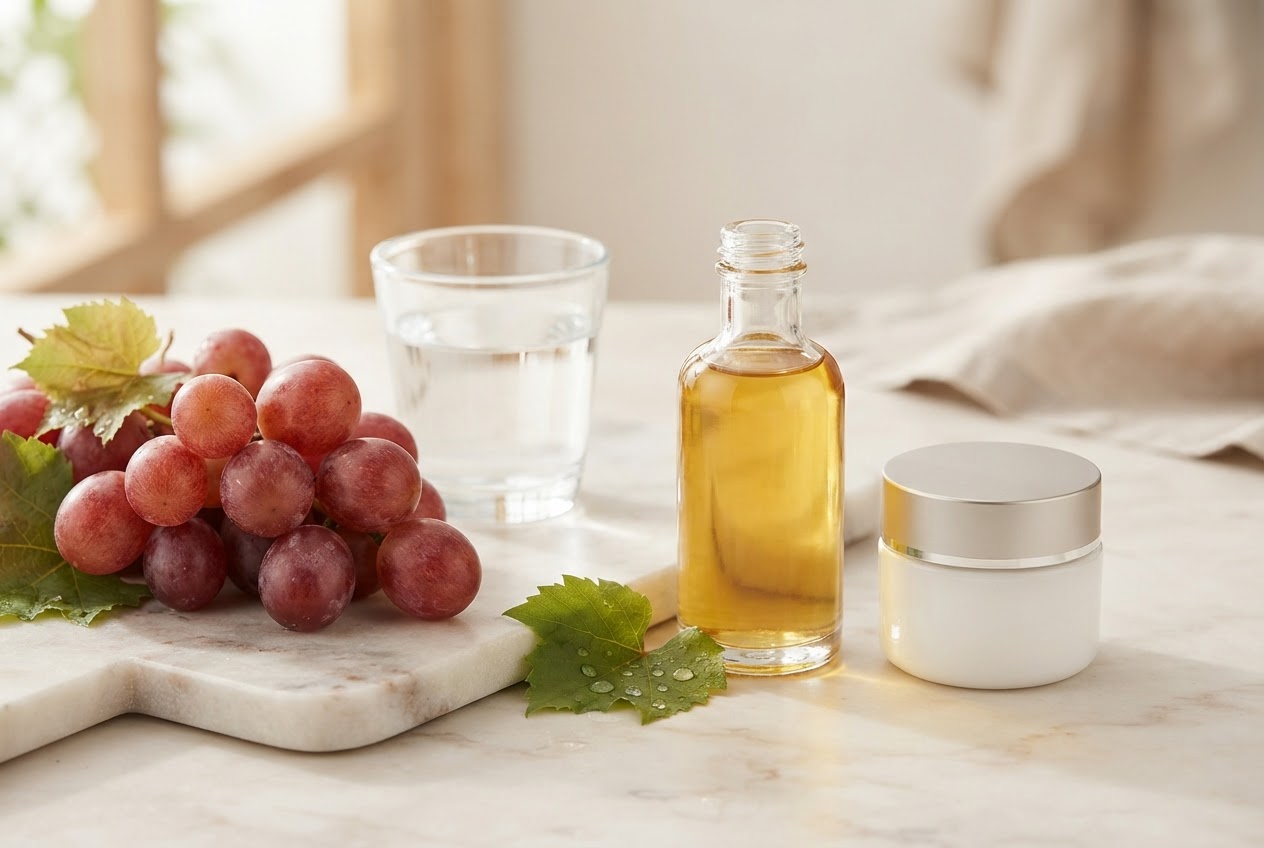 A bowl of grapes, grape seed oil, and a cosmetic cream.