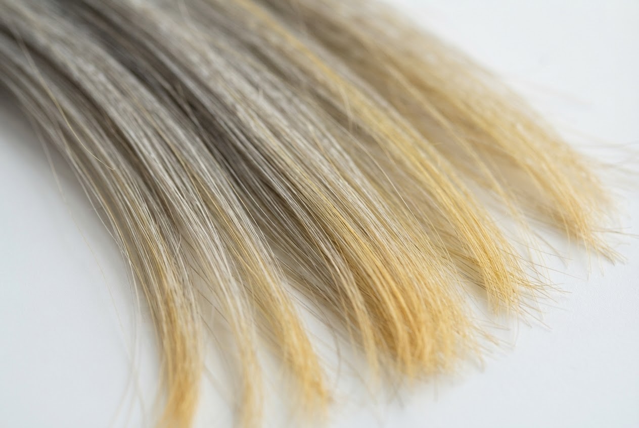 Macro image of gray hair strands with a warm yellow tint.