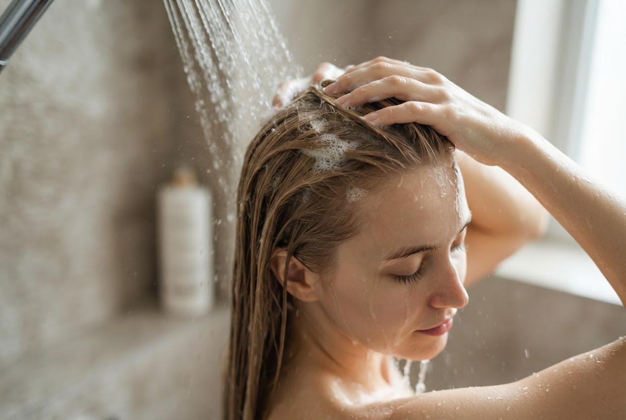 Eine Person mit feinem, glattem Haar wäscht ihre Kopfhaut unter der Dusche.