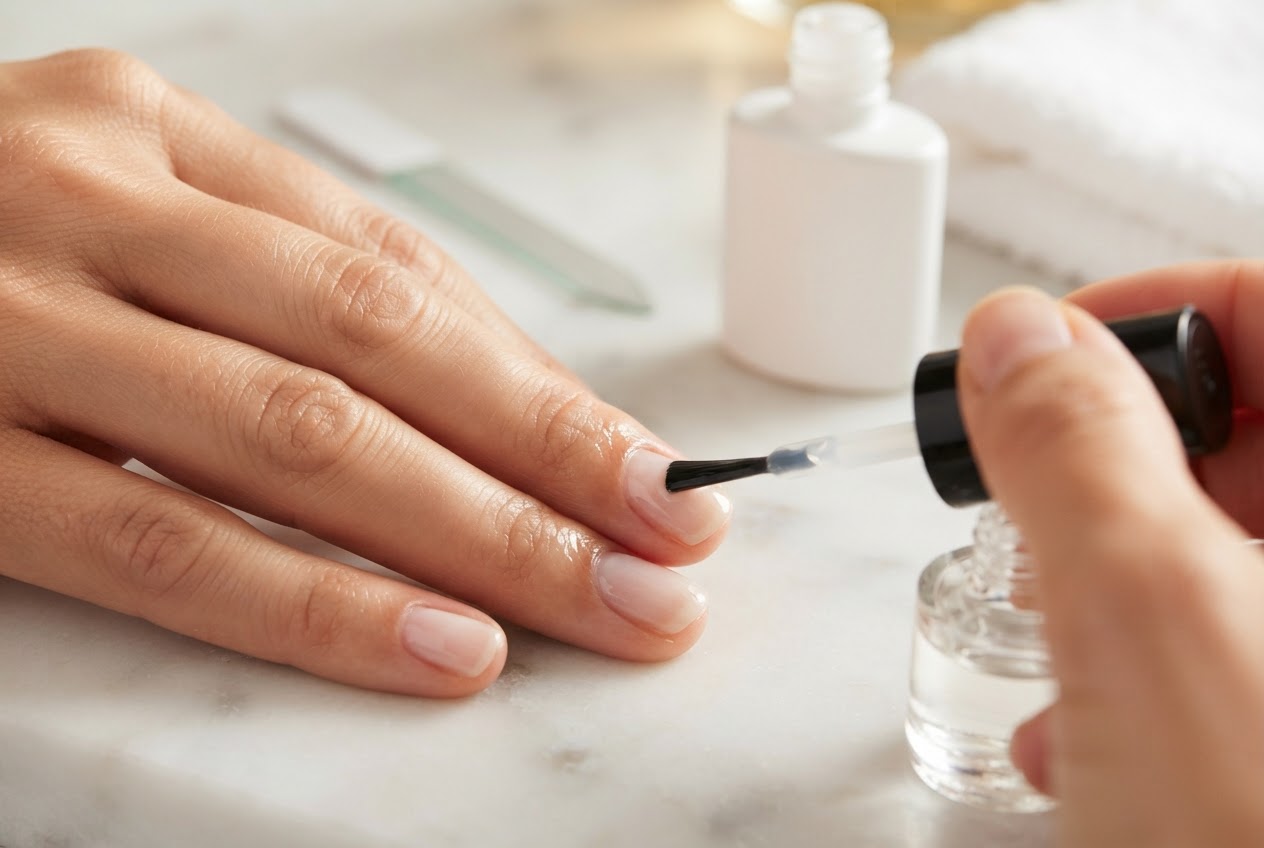 Hand applying a clear top coat over the nails.