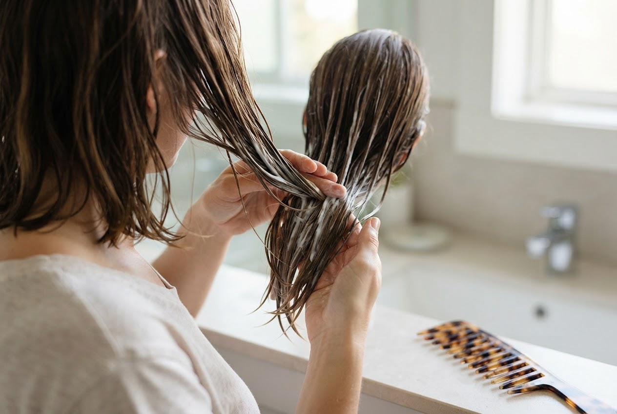 Hands applying hair mask to damp hair lengths with a comb
