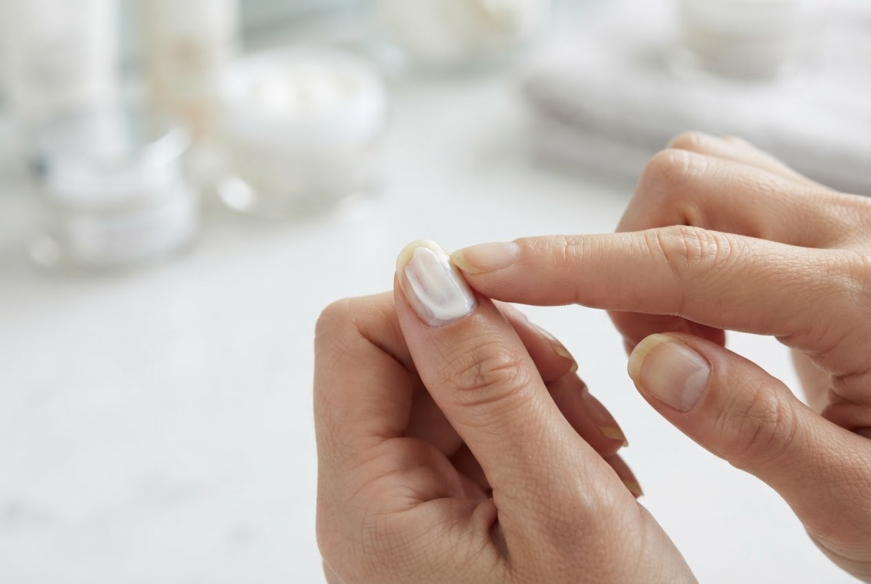 Hand applying a nail brightener cream to the top of the nails.