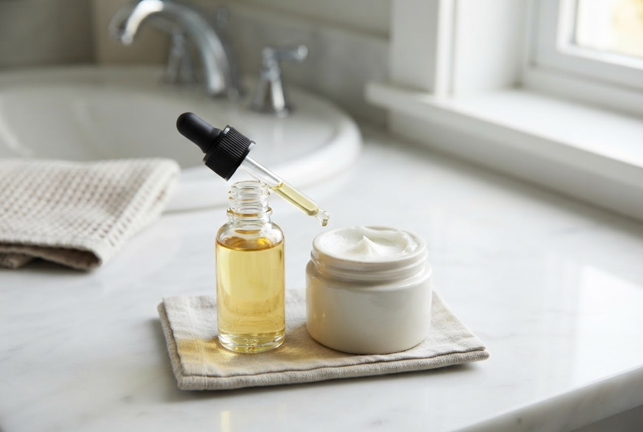 Hand cream jar and nail oil bottle side by side on a bathroom counter