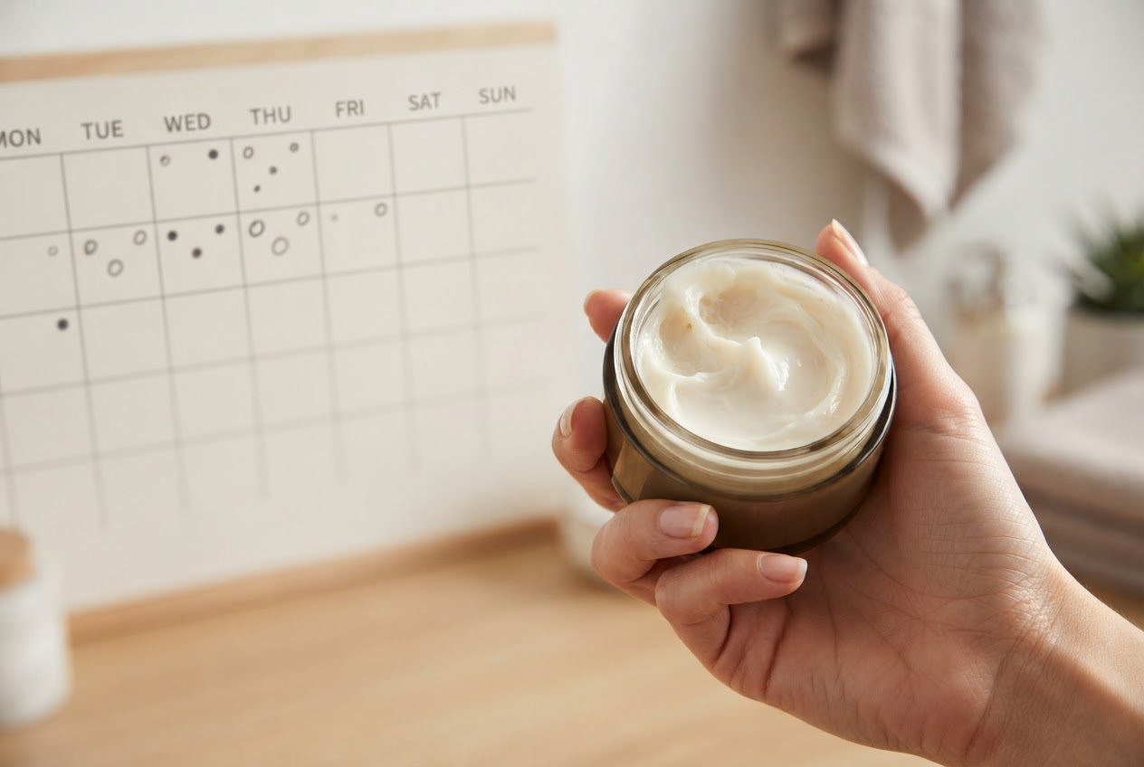 Hand holding hair treatment jar next to a weekly calendar with marks
