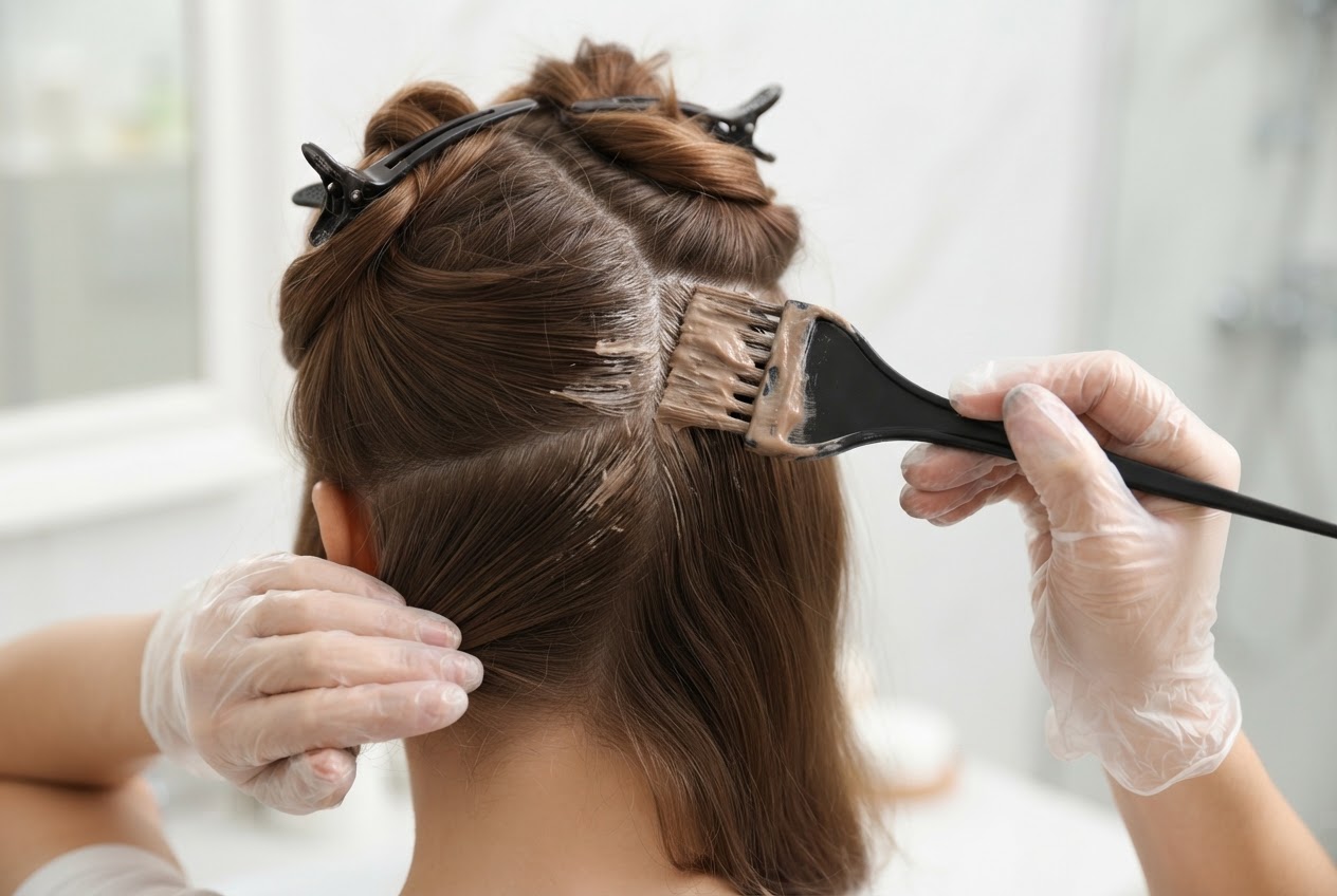Person applying hair color with a brush to the roots, sectioning hair with clips.