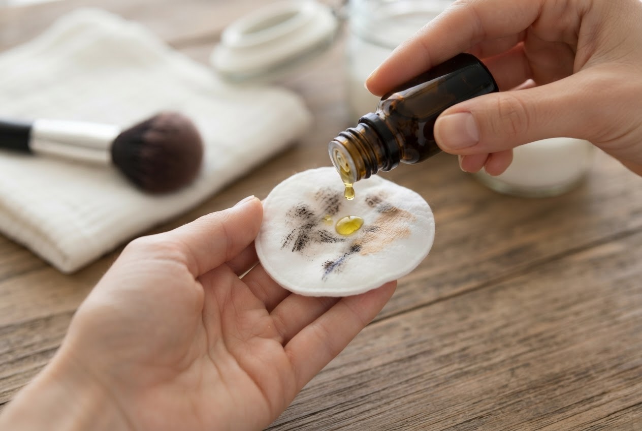 Eine Hand hält ein Wattepad mit ein paar Tropfen Olivenöl, daneben liegt ein Make-up-Pinsel und ein Abschminktuch.