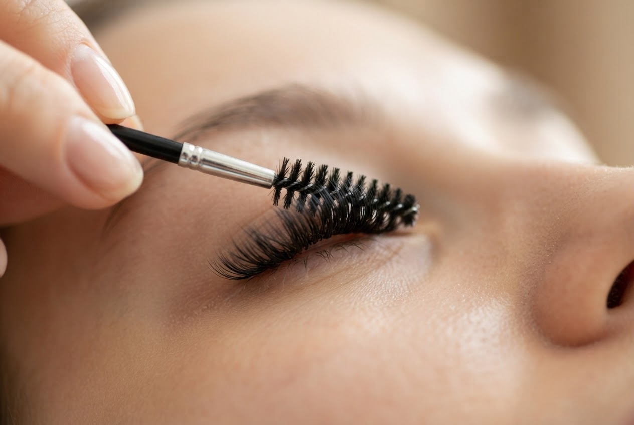 Nahaufnahme einer Hand, die mit einer Wimpernbürste die Wimpern von unten nach oben bürstet.