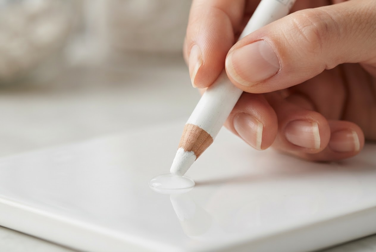 Close-up of a hand moistening the tip of a nail whitening pencil with water.