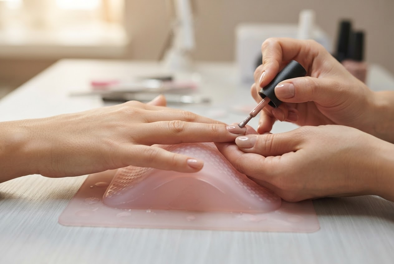 Eine Hand liegt auf einer Silikon-Gelunterlage, während eine andere Hand einen Nagellackpinsel hält.