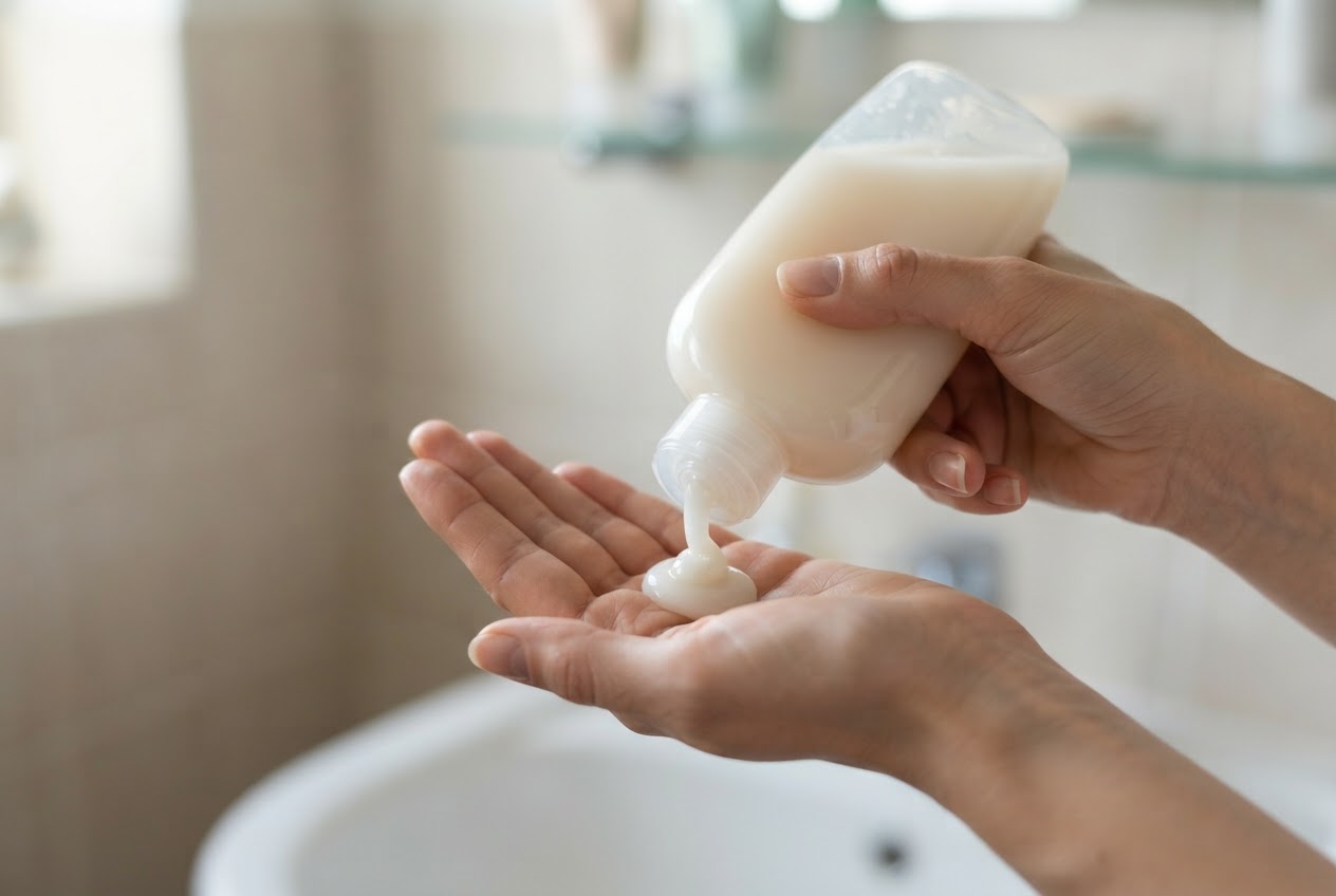 A hand holding a shampoo bottle, squeezing a small amount into the other palm.