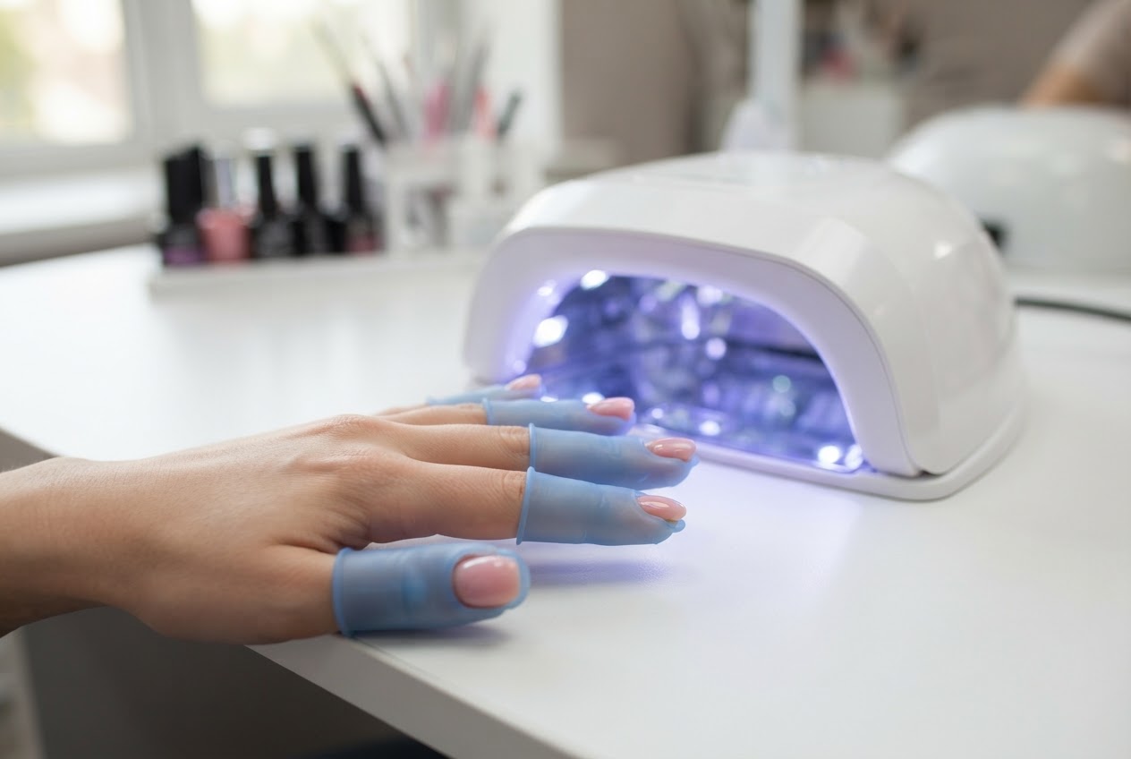A hand wearing silicone finger caps that expose only the nails, placed near a UV lamp.