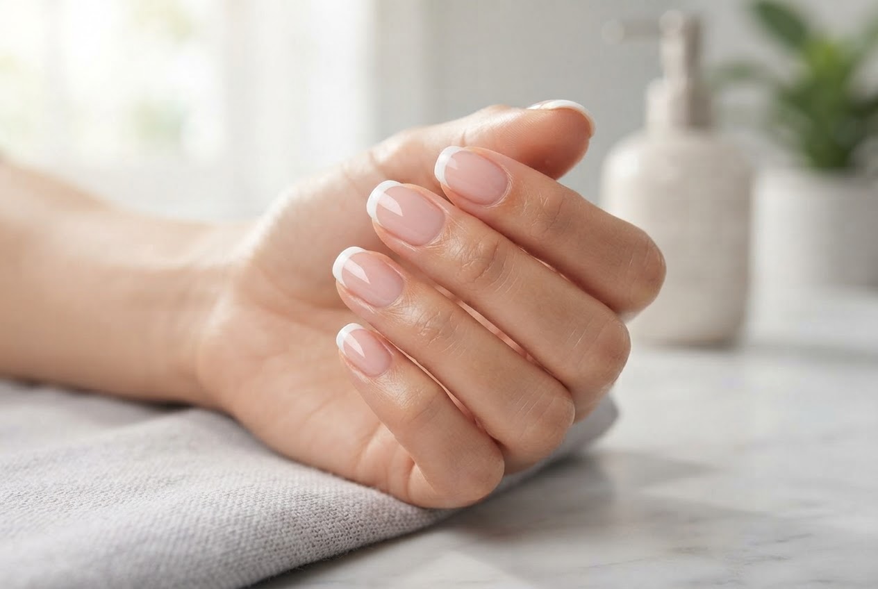 Hand with white-tipped nails resembling a French manicure.