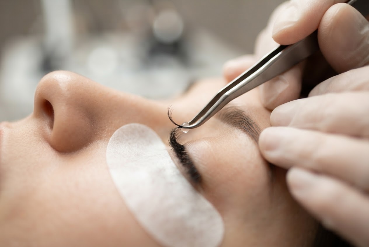 Nahaufnahme einer Stylistin, die mit Pinzette eine einzelne Wimpernfaser auf die natürliche Wimper setzt.