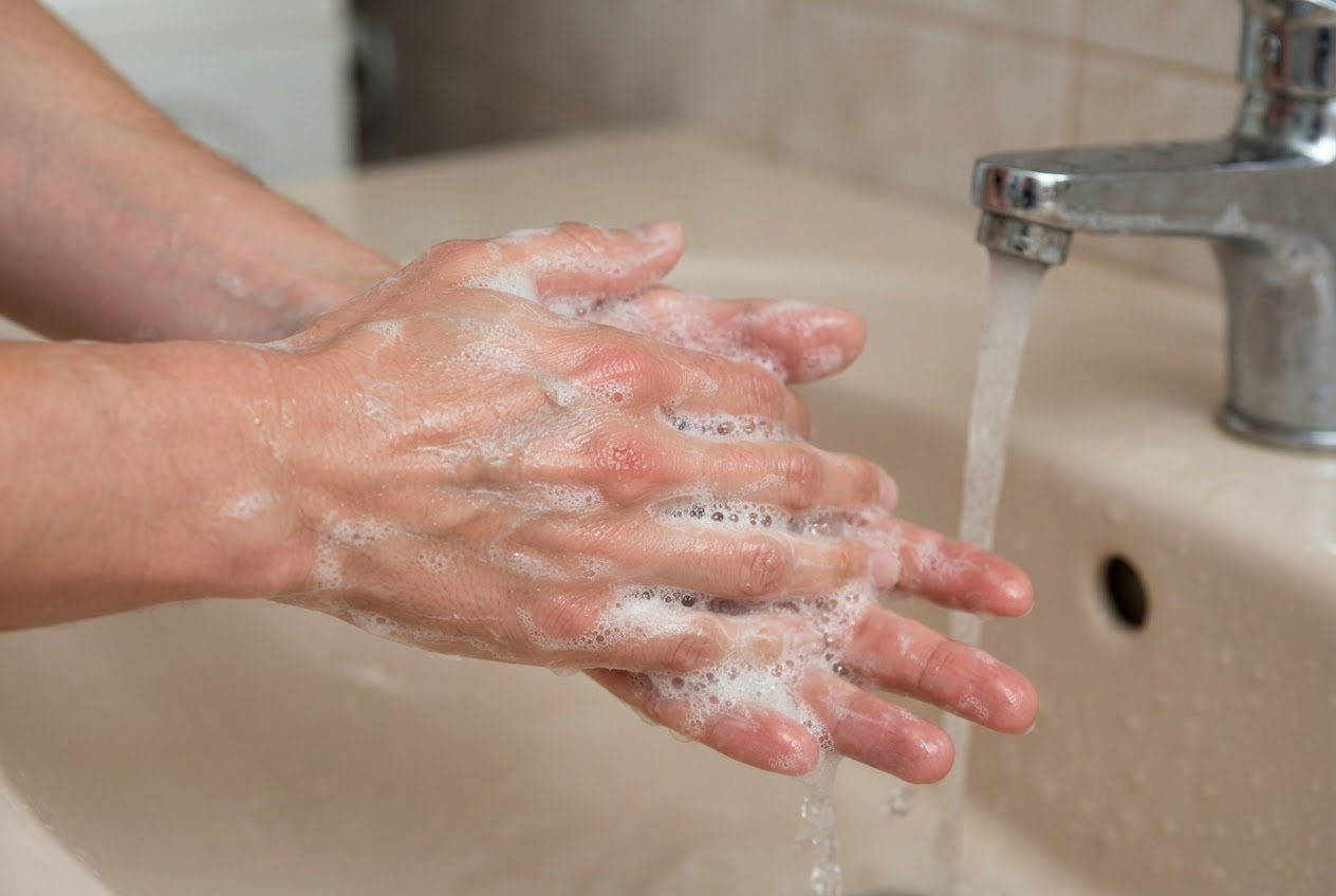 Hände werden unter fließendem Wasser mit Seife gewaschen.