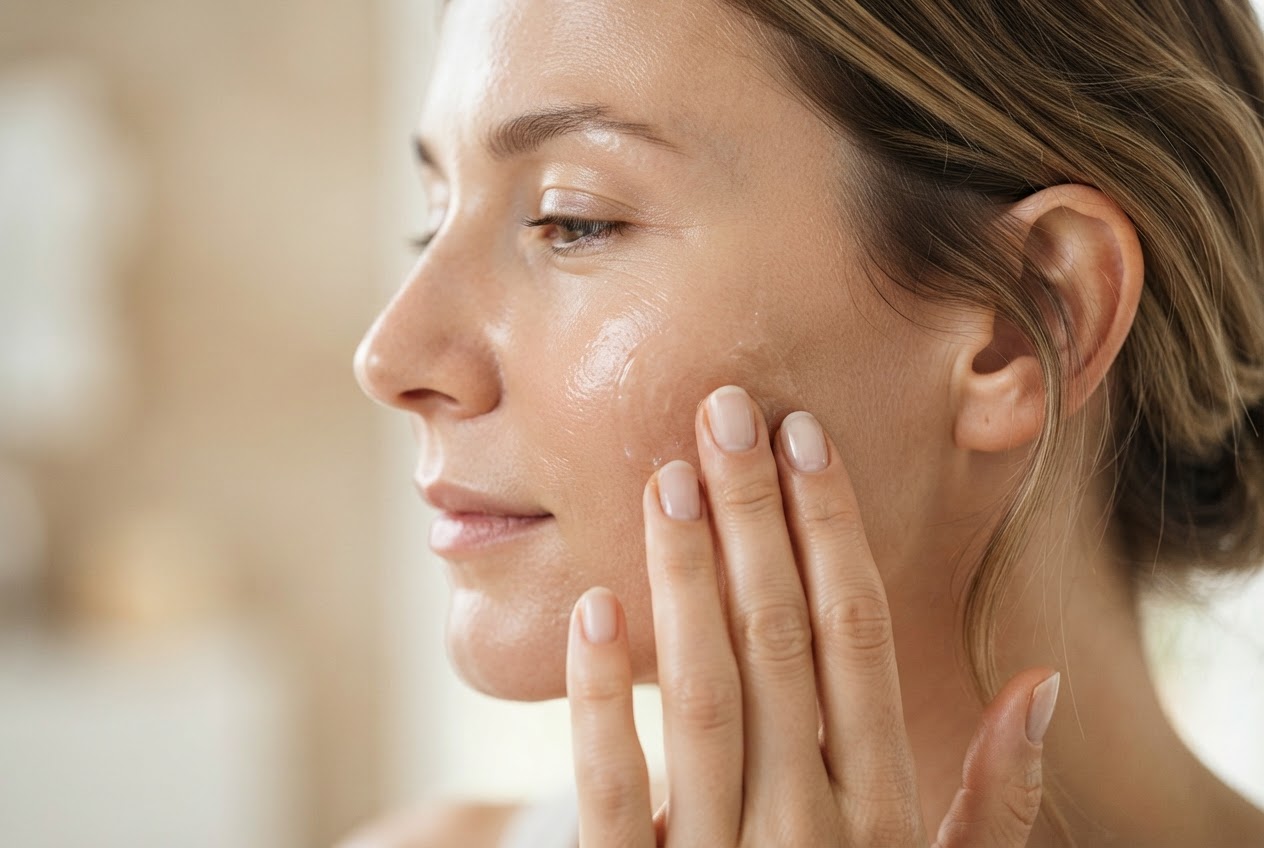 Eine Frau trägt mit den Fingerspitzen Hyaluron-Gel auf ihre Wange auf, die Haut ist glatt und gut durchfeuchtet.