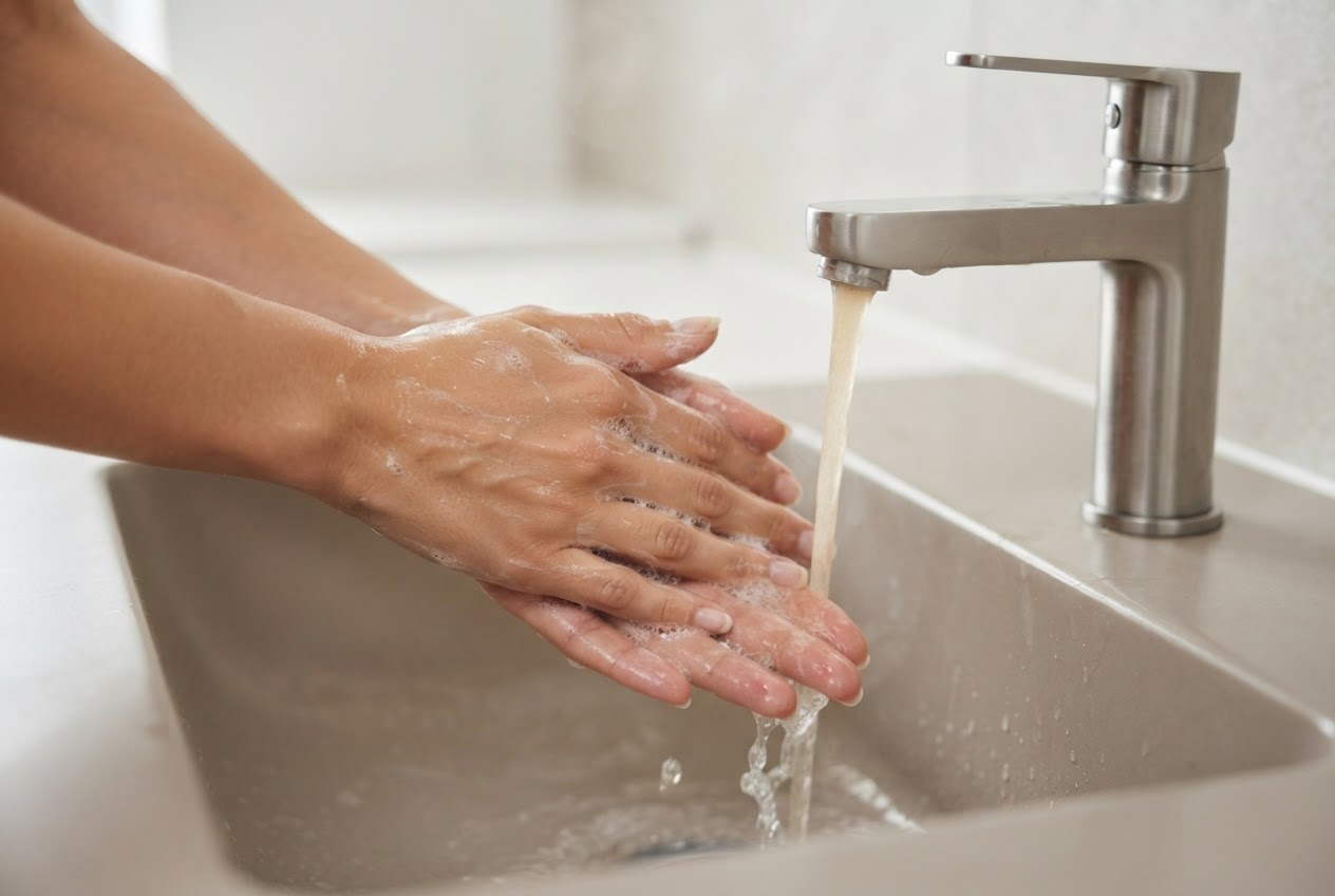 Eine Person wäscht sich nach dem Auftragen gründlich die Hände mit Wasser und Seife.
