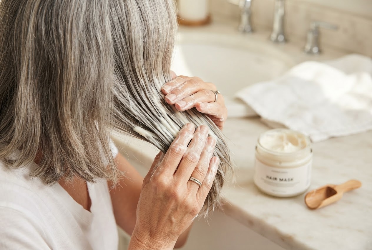 Hands applying a rich hair mask to the lengths of gray hair, with a bowl of mask nearby.