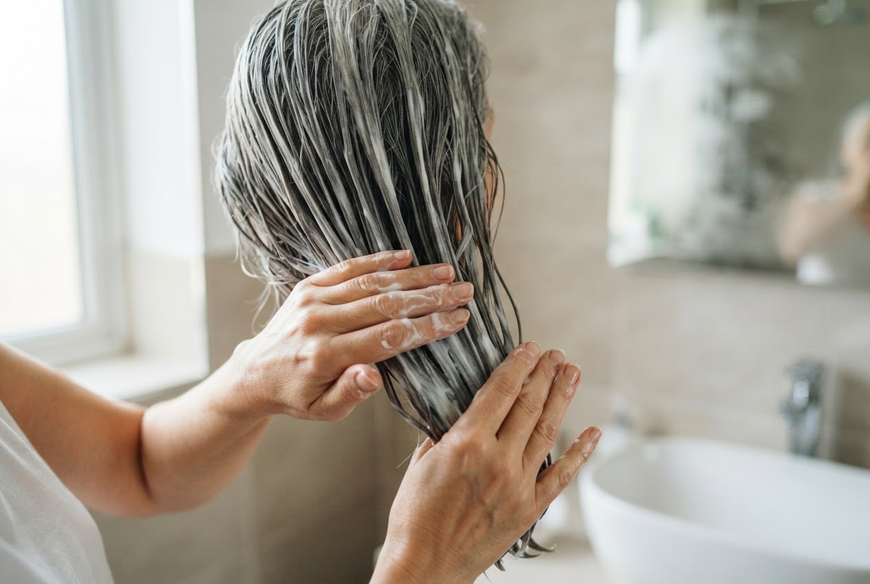A person applying a white hair mask to the lengths of their wet gray hair.