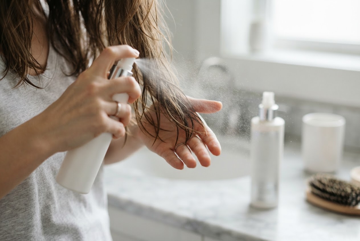 Close-up of hands applying heat protectant spray to damp hair, product bottle visible in background.