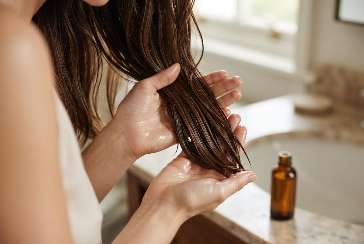 A person applying hair oil to the mid-lengths and ends of brown hair.