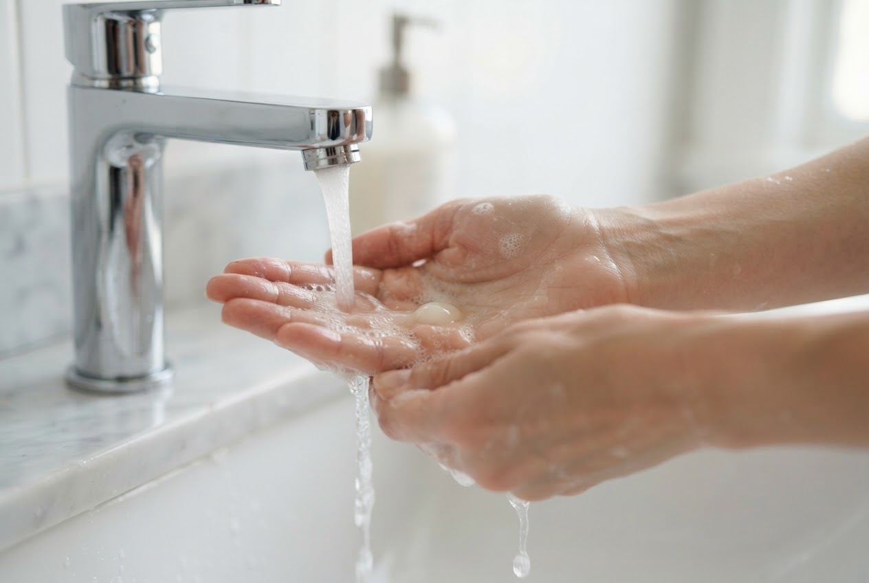 A realistic photo of hands being washed under a stream of lukewarm water with a small amount of liquid cleanser, showing gentle foam.