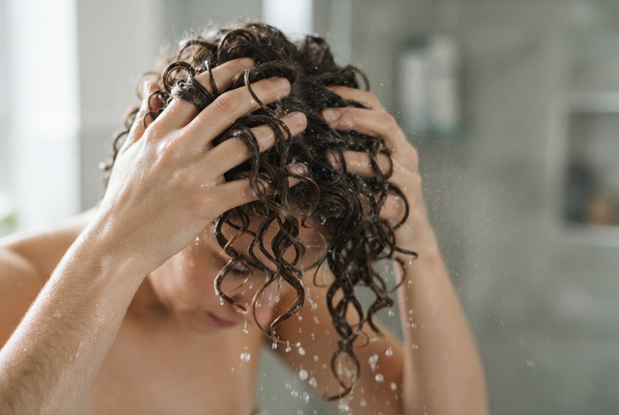 Close-up of hands cupping wet curly hair upwards, squeezing gently, hair dripping