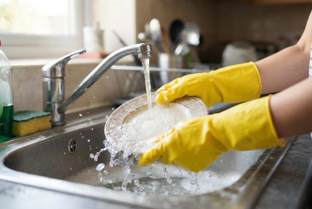 Hands wearing yellow rubber gloves while washing dishes under running water.