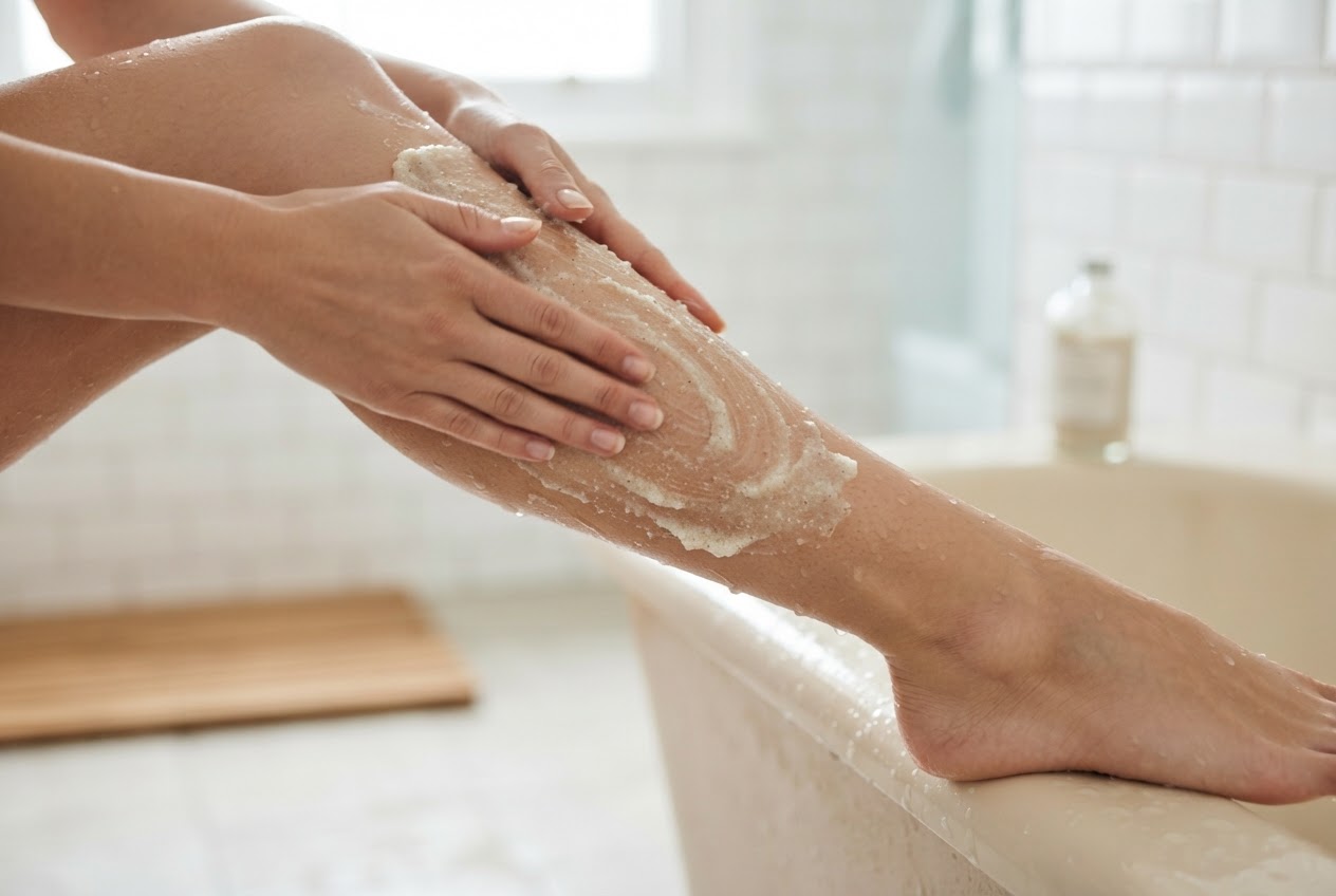 Hands applying a grainy scrub on a lower leg in circular upward motions.