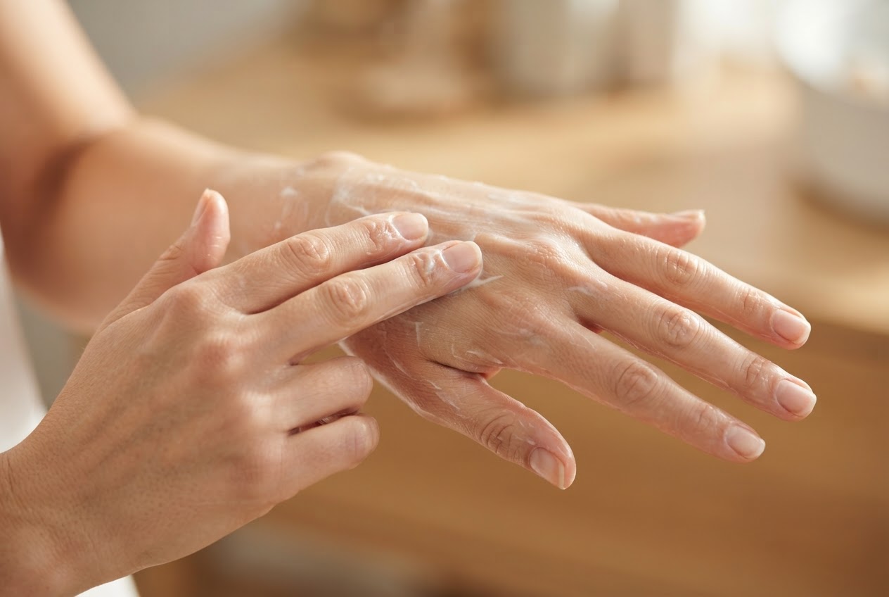 Hände, die Creme in Handrücken, Fingerzwischenräume und Fingerkuppen einmassieren