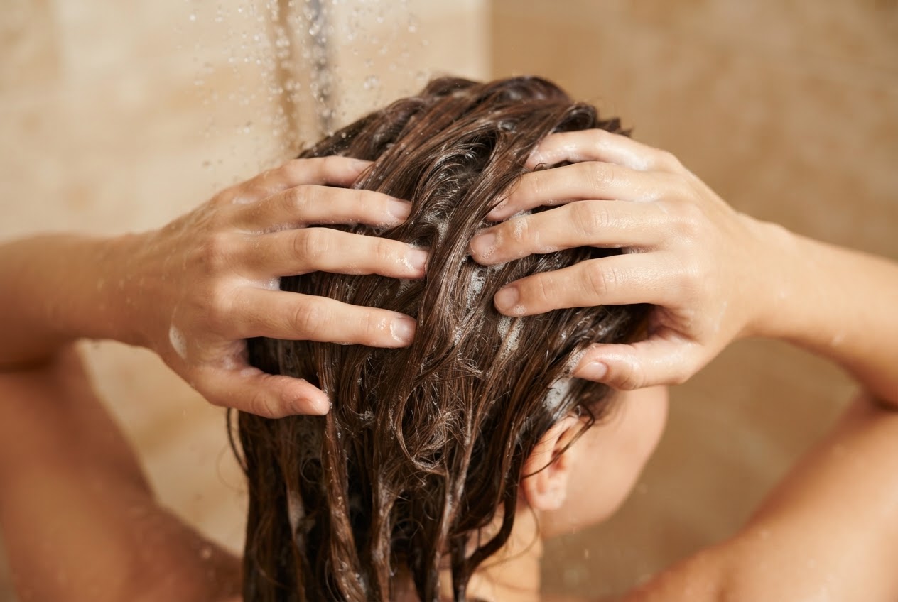 Hands applying shampoo to wet brown hair in a shower.