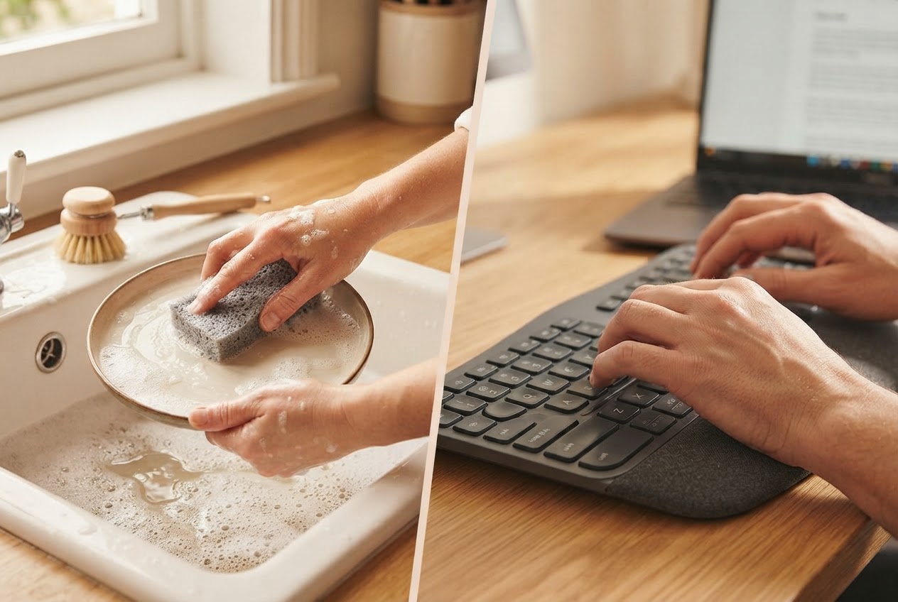 Hände beim Abwaschen von Geschirr und beim Tippen auf einer Tastatur, die täglichen Belastungen zeigen.