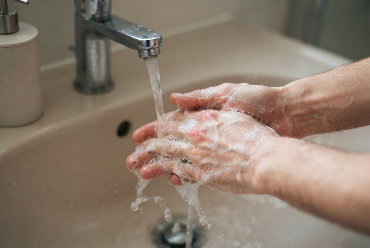 A person's hands under running water with soap lather, showing the skin being washed.