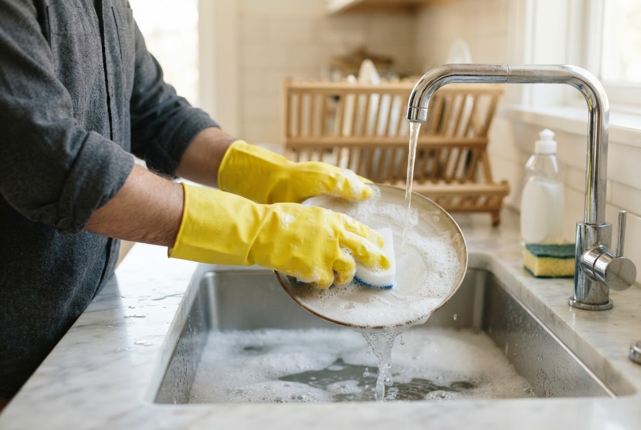 Hands wearing yellow rubber gloves while washing dishes under running water