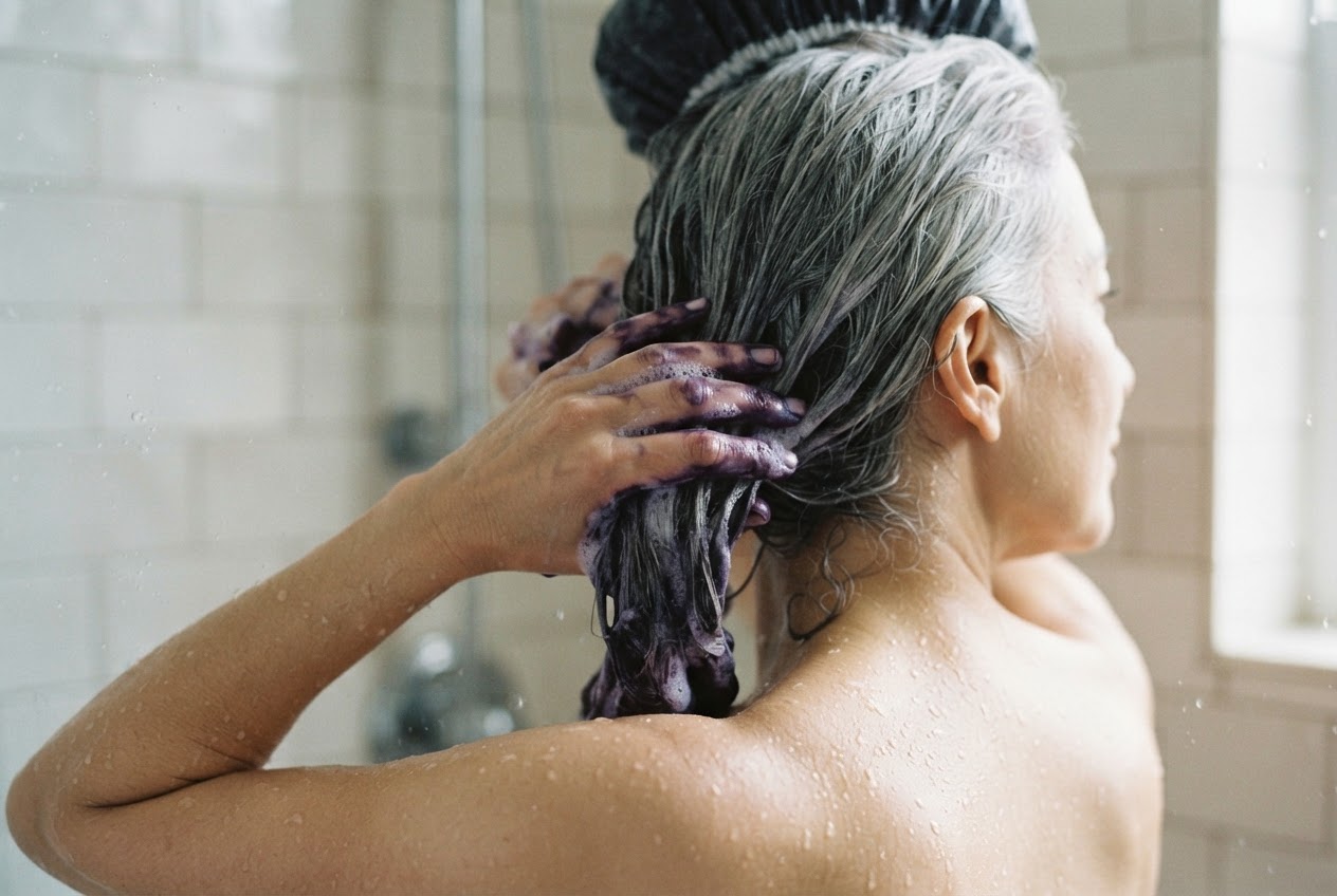 A person in the shower massaging violet shampoo into the mid-lengths and ends of their gray hair.
