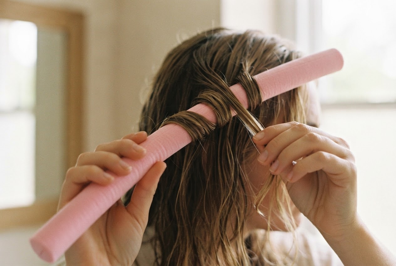 Hands wrapping a strand of damp hair around a flexible foam rod, with the rod positioned near the head.